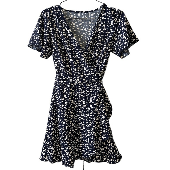 Navy Blue Floral Wrap Mini Dress - Picture 1 of 4
